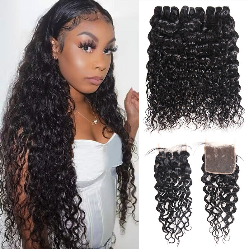Water Wave 3 Bundles with Transparent 4*4 Lace Closure Human Hair Weave