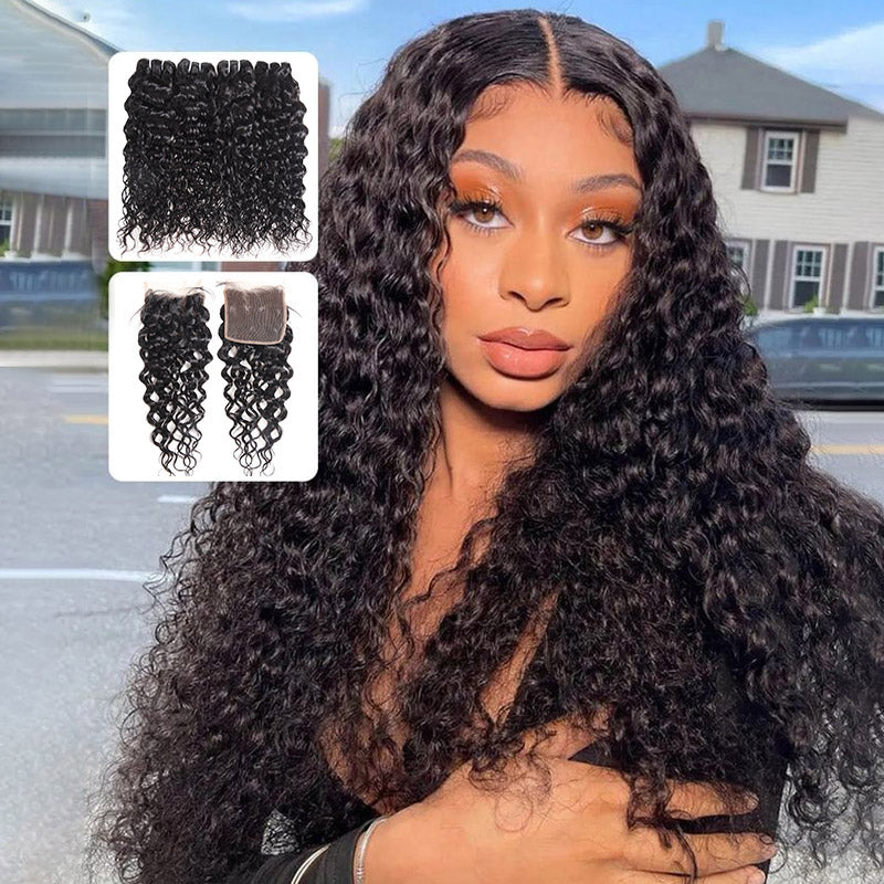Allove Brazilian Water Wave Human Hair 4 Bundles with 4x4 Lace