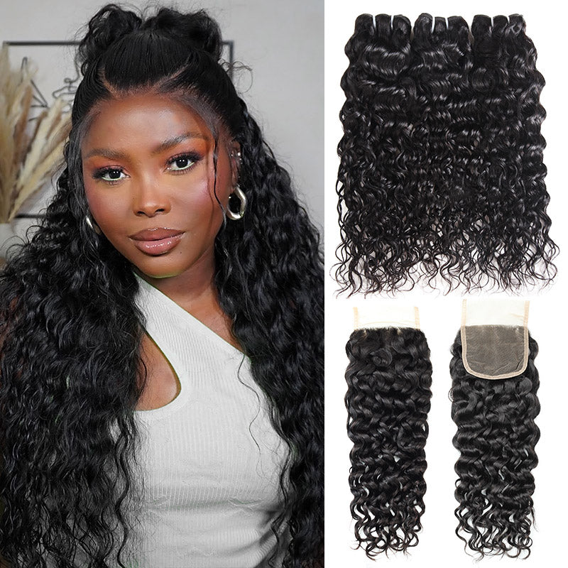 Allove Hair Water Wave Human Hair Ocean Wave 3 Bundles With 5*5 Transparent Lace Closure