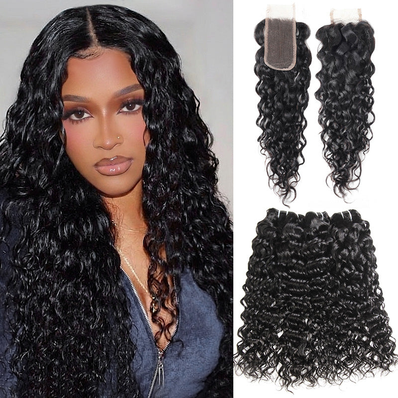 2x6 HD Lace Closure With Bundles Water Wave 3 Bundles With Closure Wet and Wavy Human Hair - AlloveHair