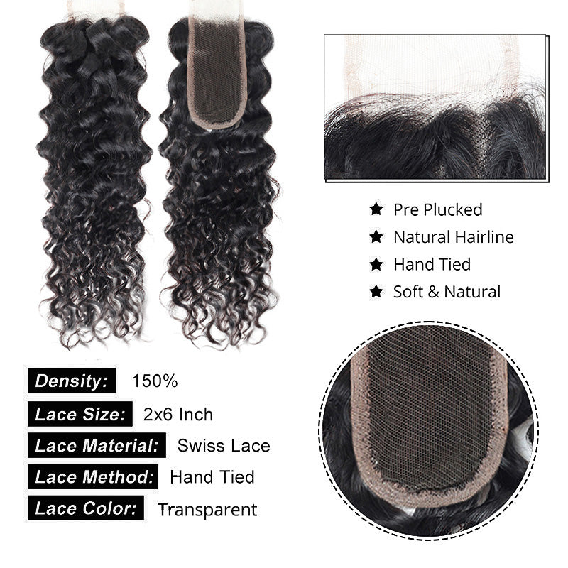 2x6 HD Lace Closure With Bundles Water Wave 3 Bundles With Closure Wet and Wavy Human Hair - AlloveHair