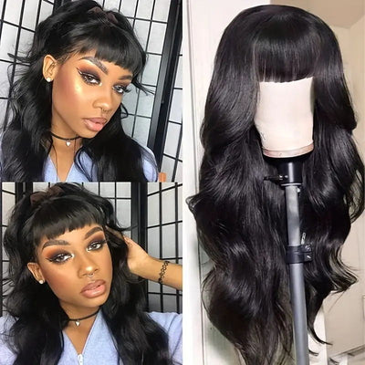 Allove Hair Machine Made Wigs Brazilian Body Wave Human Hair Wig With Free Part Bangs
