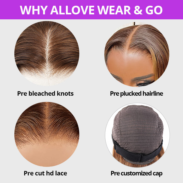 ALLOVE HAIR Wear & Go Highlight Brown Wigs Kinky Straight Pre-Plucked PPB Glueless Lace Wigs