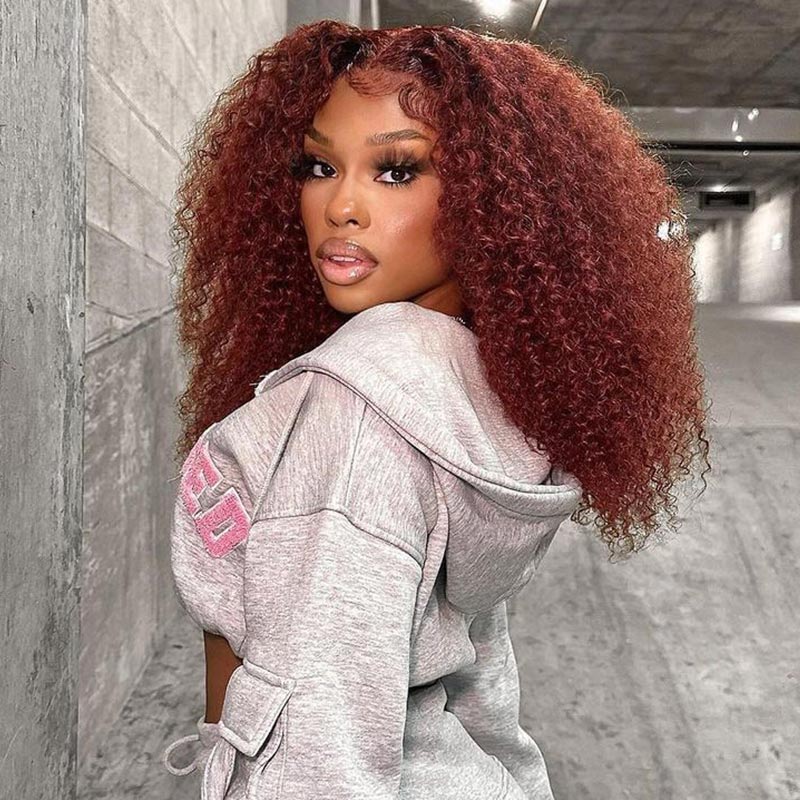 Allove Kinky Curly Reddish Brown Glueless Wig Pre Cut Lace Wear Go Wig