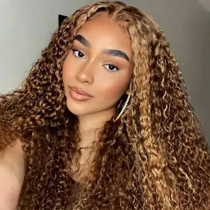 Allove Wear Go Highlight Brown Color Kinky Curly Glueless Wig Pre-Cut HD Lace Wigs
