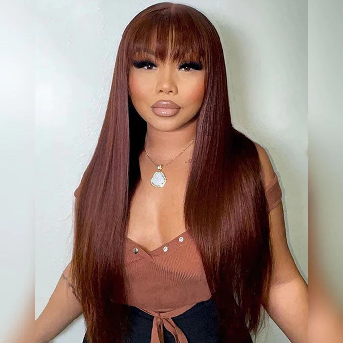 Allove Hair #33 Reddish Brown Bangs Wigs Straight Human Hair Wear To Go Wigs No Lace