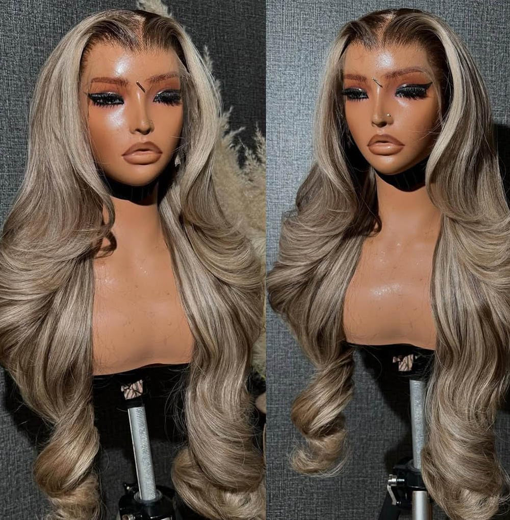 200% Density Ombre Milk Tea Ash Blonde with Brown Highlights 13x6 Lace Front Wig Human Hair - AlloveHair