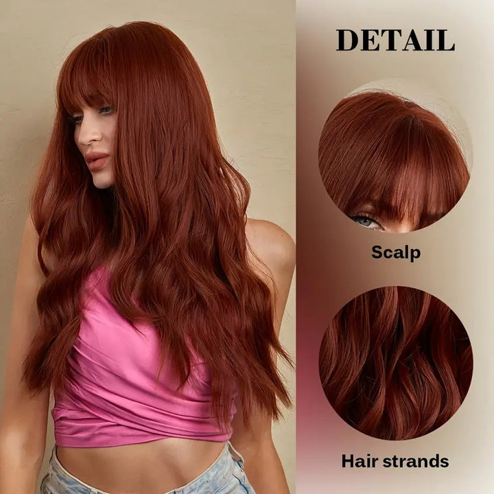 Allove #33 Reddish Brown Colored Body Wave Machine Made Wigs With Bangs Wear To Go