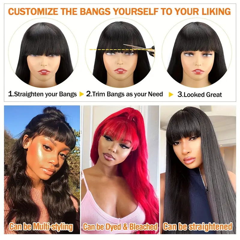 Allove Hair Machine Made Wigs Brazilian Body Wave Human Hair Wig With Free Part Bangs