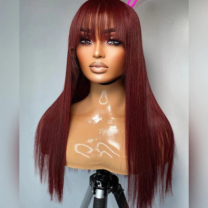 Allove Hair #33 Reddish Brown Bangs Wigs Straight Human Hair Wear To Go Wigs No Lace