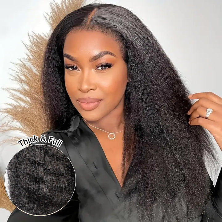 Invisible V Part No Leave Out Kinky Straight Human Hair Wig with Pre-Plucked Hairline - AlloveHair