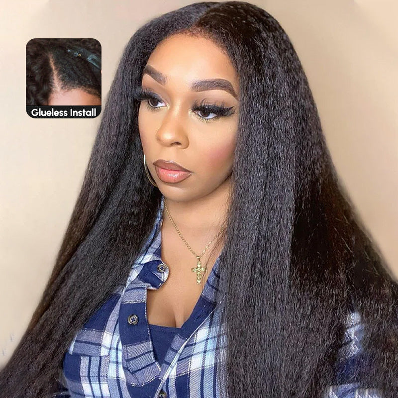 Invisible V Part No Leave Out Kinky Straight Human Hair Wig with Pre-Plucked Hairline - AlloveHair