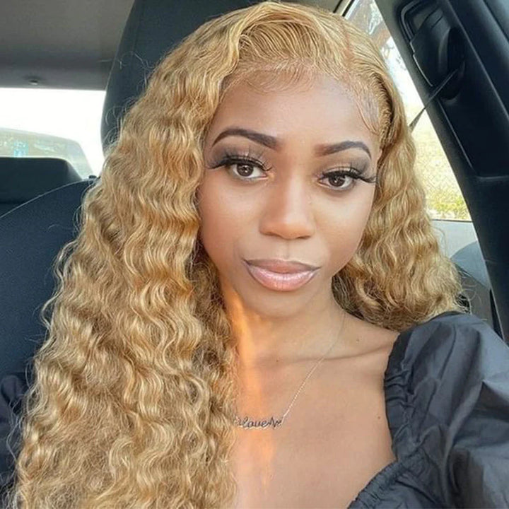 Allove #27 Honey Blonde Deep Wave 13x4 Transparent Lace Front Wig with Pre Plucked