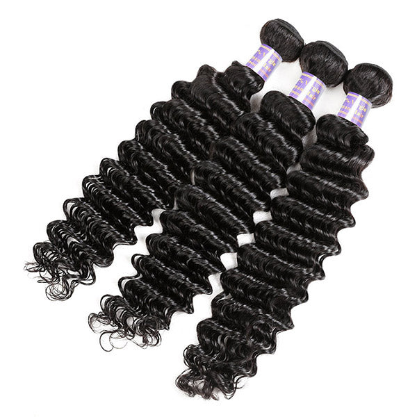 Brazilian Deep Wave 3 Bundles with Transparent 13*4 Lace Frontal Virgin Human Hair