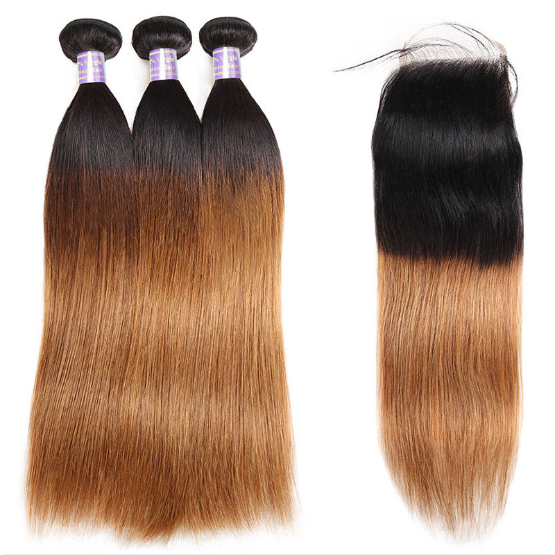 Allove Hair Tow Tone T 1B /30 Straight Hair 3 Bundles With Closure Fashion Colorful Hair : ALLOVEHAIR