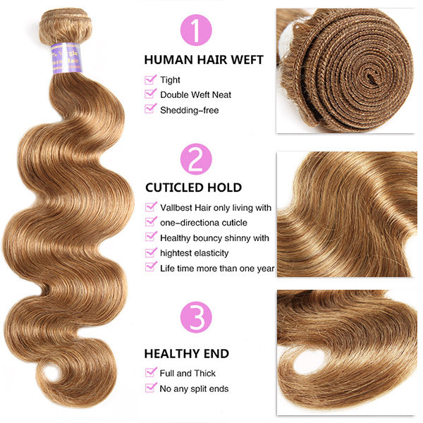 #27 Honey Blonde Color Body Wave 3 Bundles With 4x4 Lace Closure Human Hair Extensions