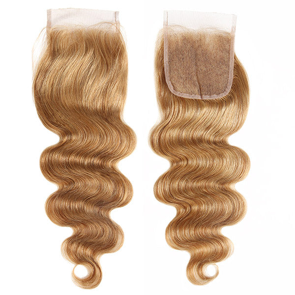 #27 Honey Blonde Color Body Wave 3 Bundles With 4x4 Lace Closure Human Hair Extensions