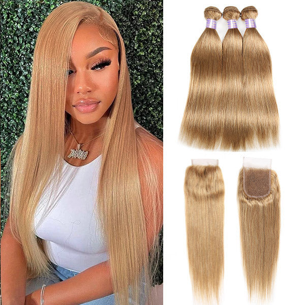 #27 Honey Blonde Color Straight Hair 3 Bundles With 4x4 Lace Closure