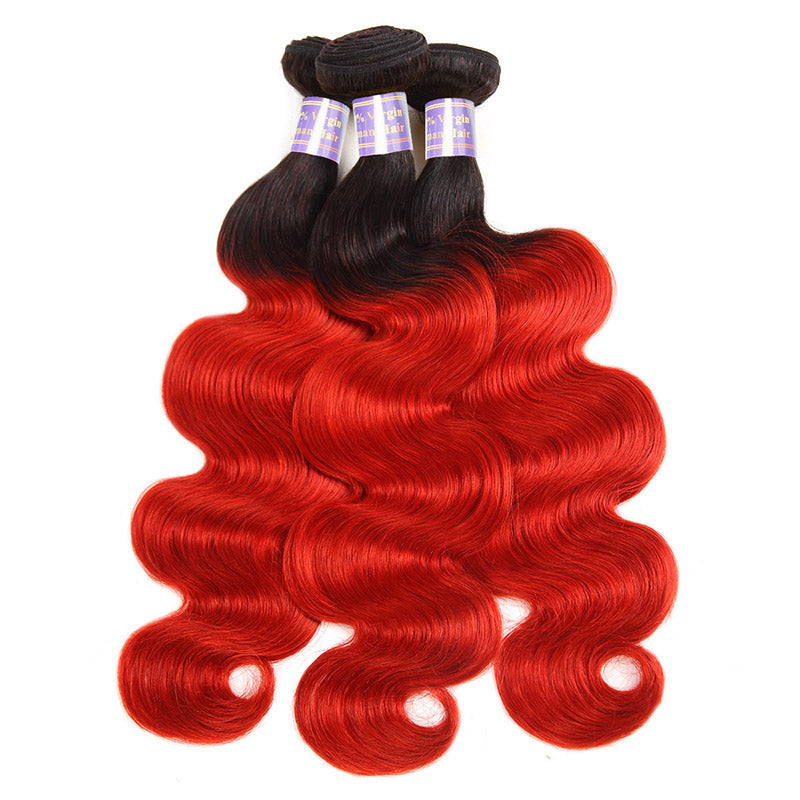 Allove Hair  Brazilian  Ombre T1B /Red Body Wave Human Hair 3 Bundles With Lace Closure : ALLOVEHAIR
