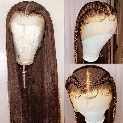 32Inch #4 Chocolate Brown Colored Straight Lace Front Wig 13x4 Transparent Lace Frontal Wig Pre-Plucked Human Hair Wig