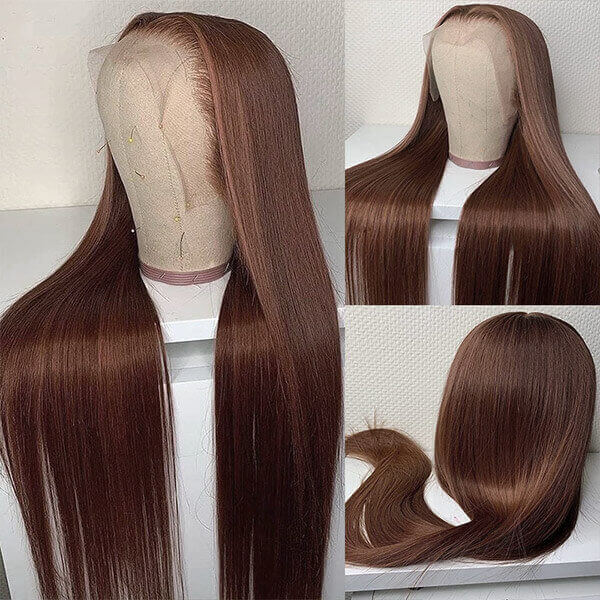 32Inch #4 Chocolate Brown Colored Straight Lace Front Wig 13x4 Transparent Lace Frontal Wig Pre-Plucked Human Hair Wig