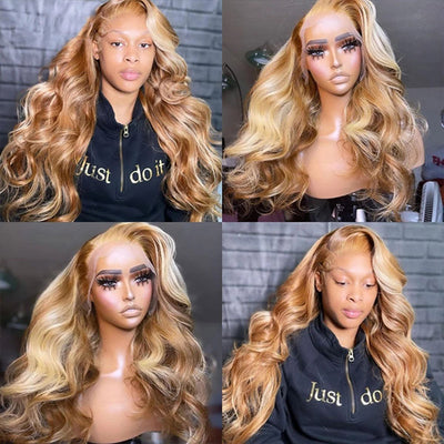 32Inch 4/613 Colored Highlight Human Hair Wig Body Wave 13x4 Lace Front Wig with Pre Plucked