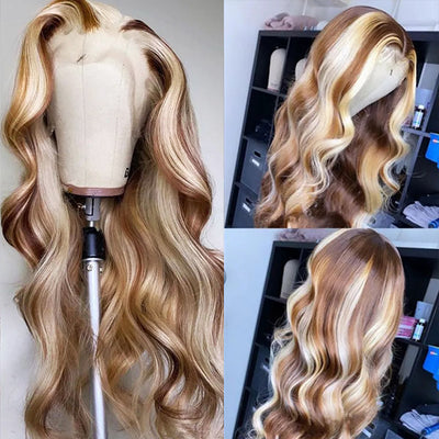 32Inch 4/613 Colored Highlight Human Hair Wig Body Wave 13x4 Lace Front Wig with Pre Plucked
