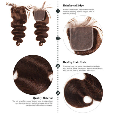 Allove Hair 4# Body Wave Hair 3 Bundles With Lace Closure Human Hair Bundles : ALLOVEHAIR