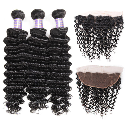 Peruvian Deep Wave 3 Bundles with 13*4 Lace Frontal Virgin Human Hair : ALLOVEHAIR