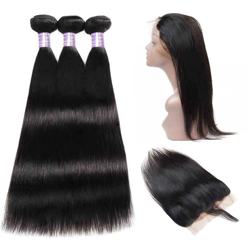 Allove Hair Peruvian Straight Hair 3 Bundles with 360 Lace Frontal Closure : ALLOVEHAIR