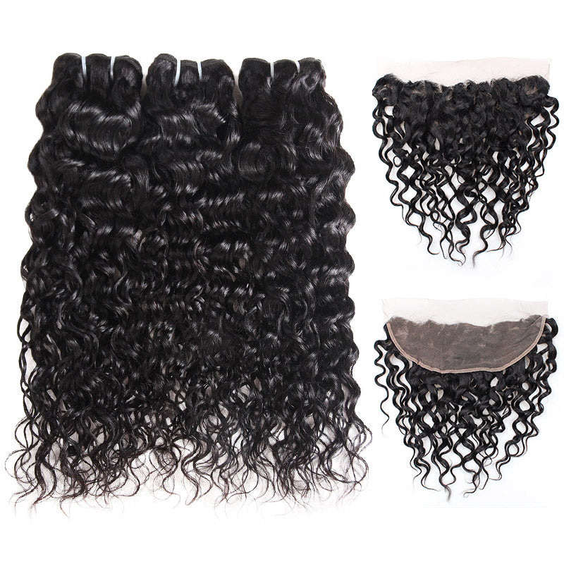 Malaysian Water Wave 3 Bundles with 13*4 Lace Frontal Human Hair