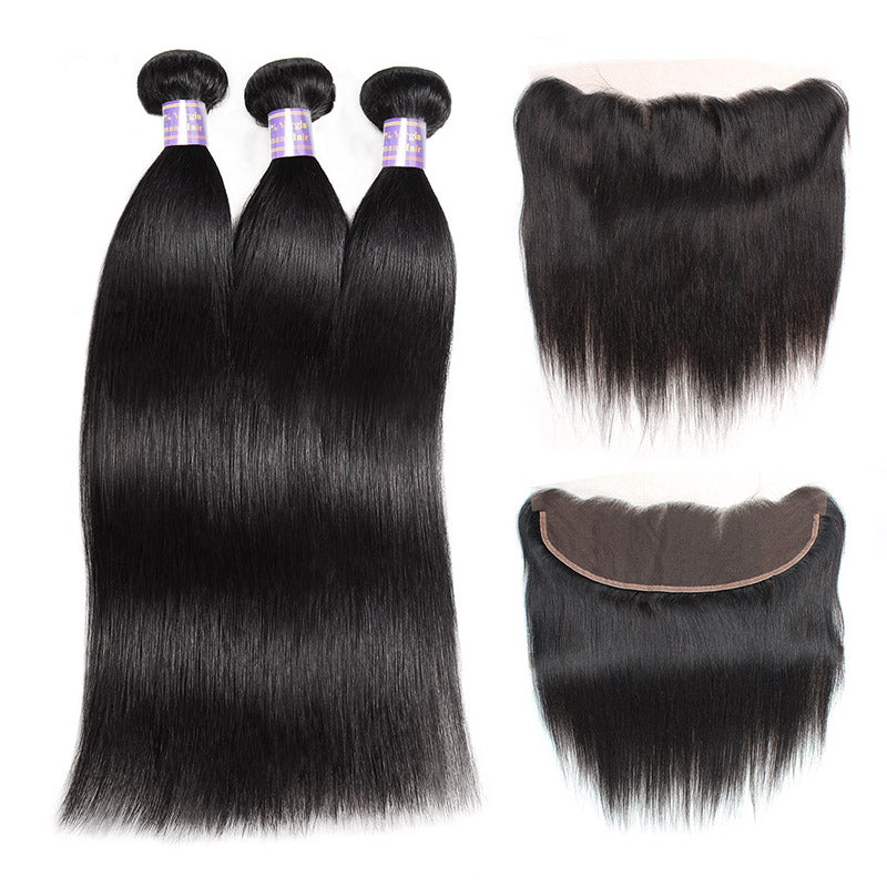 Indian Straight Hair 3 Bundles With 13*4 Lace Frontal Human Hair Extensions : ALLOVEHAIR