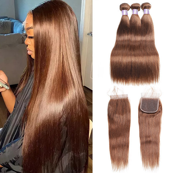 #4 Chocolate Brown Colored Straight Hair 3 Bundles with 4x4 Lace Closure Human Hair