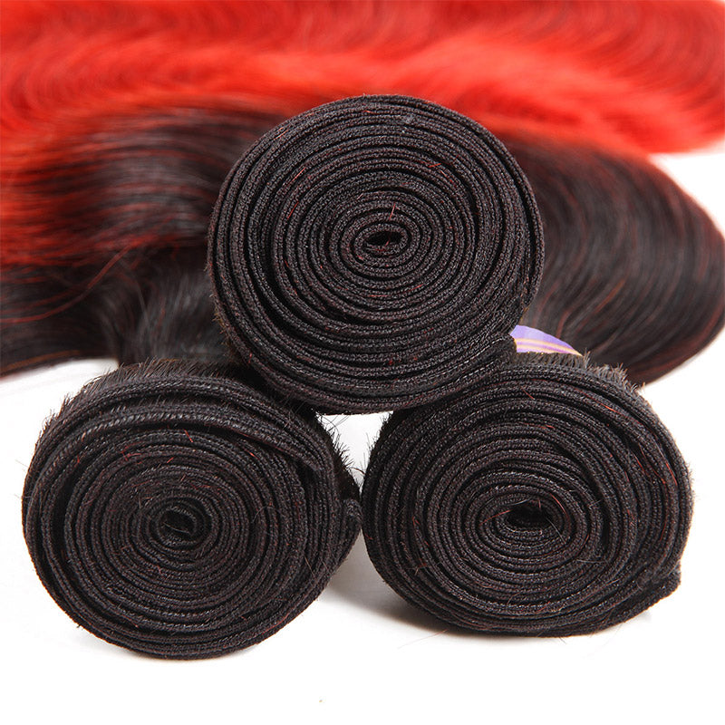 Allove Hair  Brazilian  Ombre T1B /Red Body Wave Human Hair 3 Bundles With Lace Closure : ALLOVEHAIR