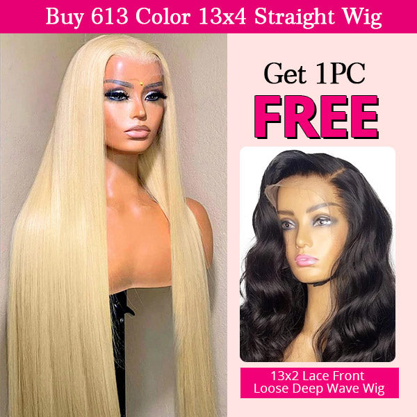 Flash Sale | Buy 613 Blonde Color 13x4 Lace Front Straight Wig Get 13x2 Lace Front Loose Deep Wave Wig for Free