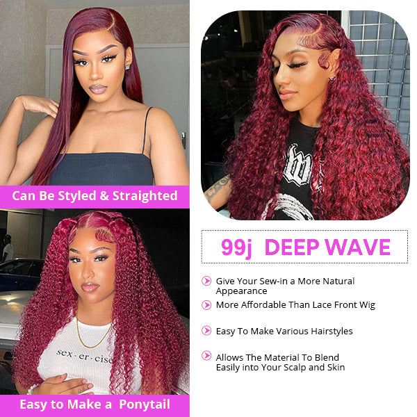 99J Burgundy Brazilian Deep Wave Hair 3 Bundles With 4x4 Closure Human Hair Extension