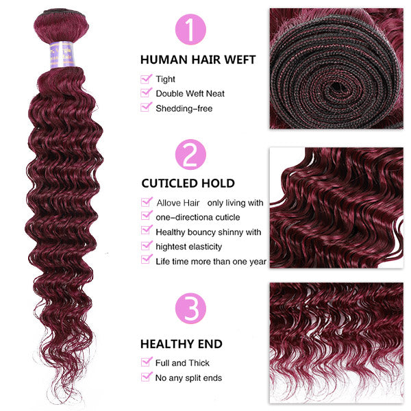 99J Burgundy Brazilian Deep Wave Hair 3 Bundles With 4x4 Closure Human Hair Extension