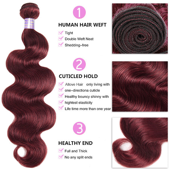 99J Burgundy Color Brazilian Body Wave Hair 3 Bundles With 4x4 Closure Human Hair Bundles