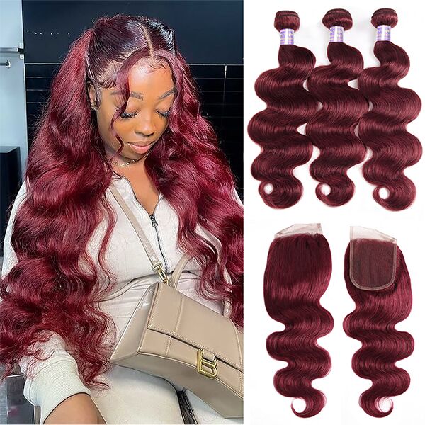 99J Burgundy Colored Human Hair Bundles With 4x4 Lace Closure Body Wave Bundles With Closure Pre Plucked