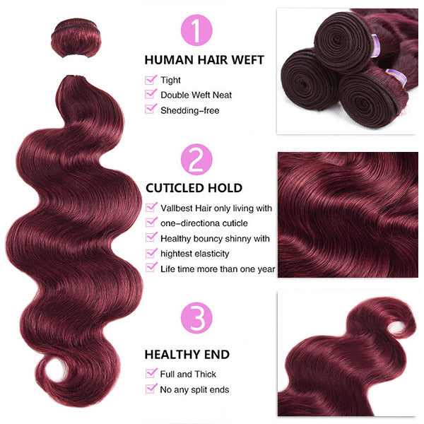 99J Burgundy Colored Human Hair Bundles With 4x4 Lace Closure Body Wave Bundles With Closure Pre Plucked