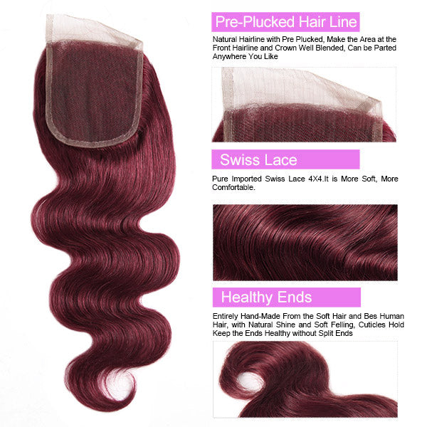 99J Burgundy Colored Human Hair Bundles With 4x4 Lace Closure Body Wave Bundles With Closure Pre Plucked