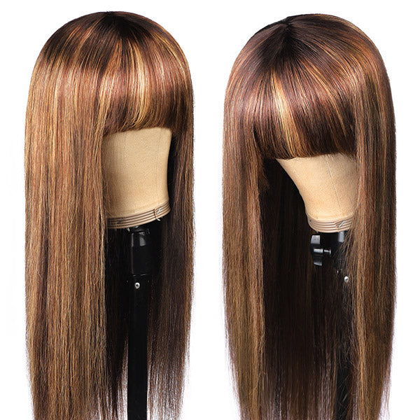 Honey Blonde Highlight Brown Ombre Straight Human Hair Wigs