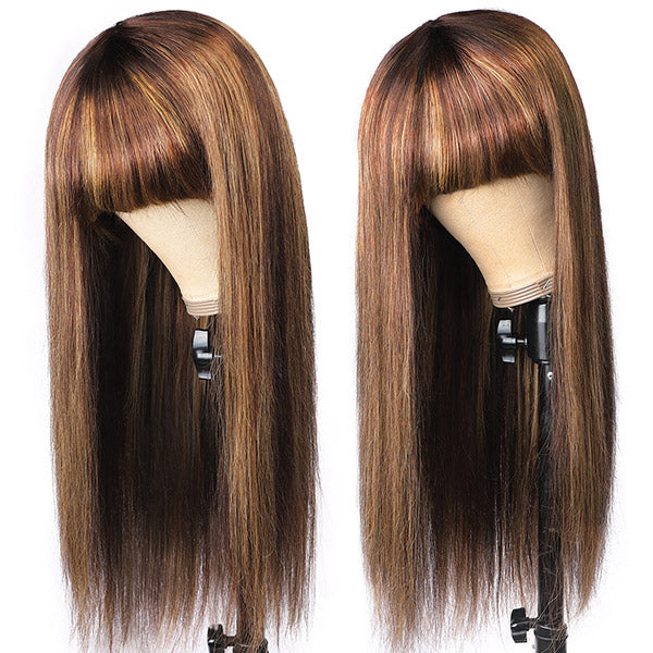 Honey Blonde Highlight Brown Ombre Straight Human Hair Wigs