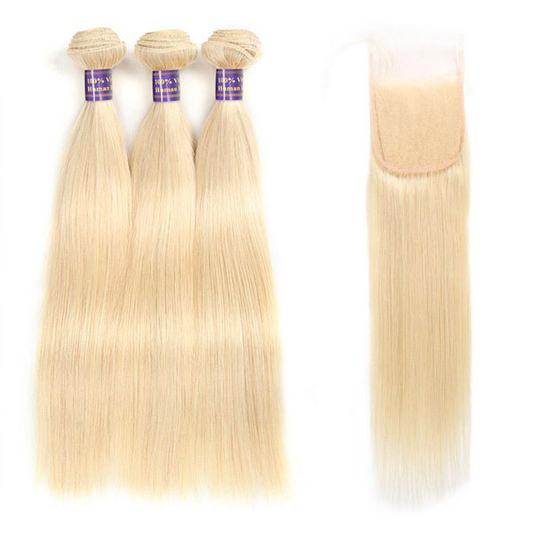 Allove 613 Blonde Color Straight Hair 3 Bundles with 4*4 Lace Closure