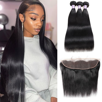 Malaysian Bone Straight Hair 3 Bundles with HD 13*4 Lace Frontal Closure