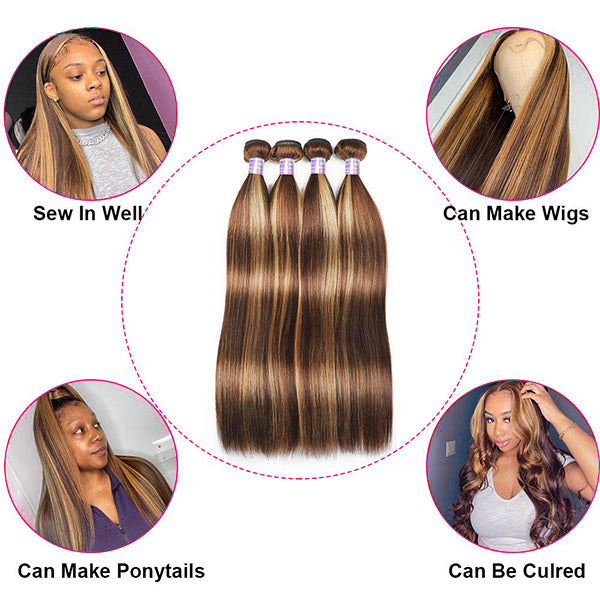 Allove Brown And Blonde Highlight Bundles Bone Straight Human Hair Bundles P4/27 Ombre Bundles Remy Brazilian Hair Weave Bundles