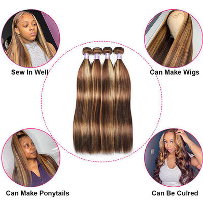 Allove Brown And Blonde Highlight Bundles Bone Straight Human Hair Bundles P4/27 Ombre Bundles Remy Brazilian Hair Weave Bundles