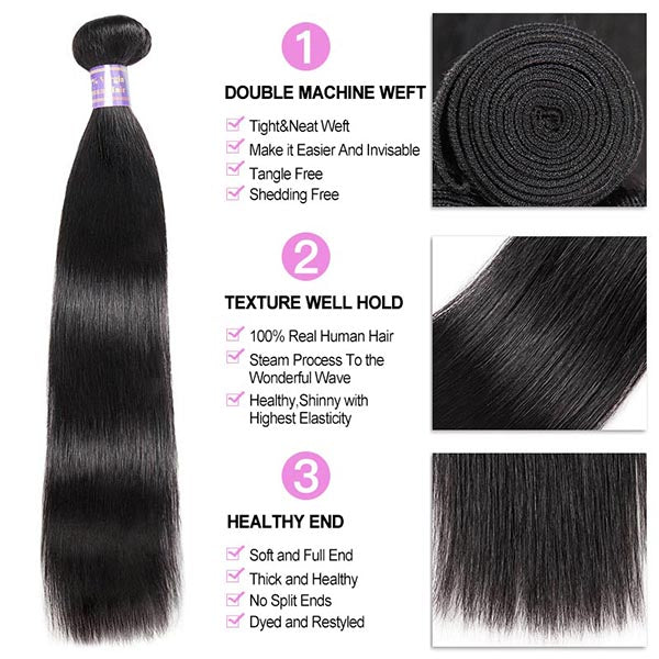 Malaysian Bone Straight Hair 3 Bundles with 4x4 Transparent Lace Closure Human Hair Weave