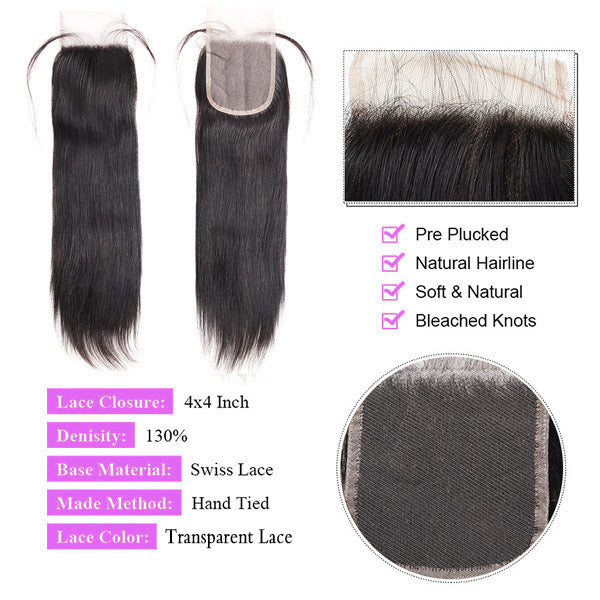 Allove Hair Brazilian Straight Hair 4 Bundles With 4*4 HD Lace Closure Human Hair Weave