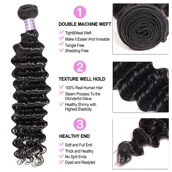 Allove Hair Brazilian Deep Wave 3 Bundles with HD 4*4 Lace Closure